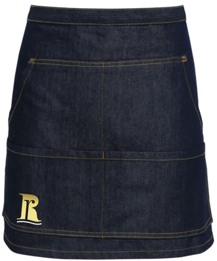 Zástěra denim džínová do pasu - indigo - výšivka Riverside