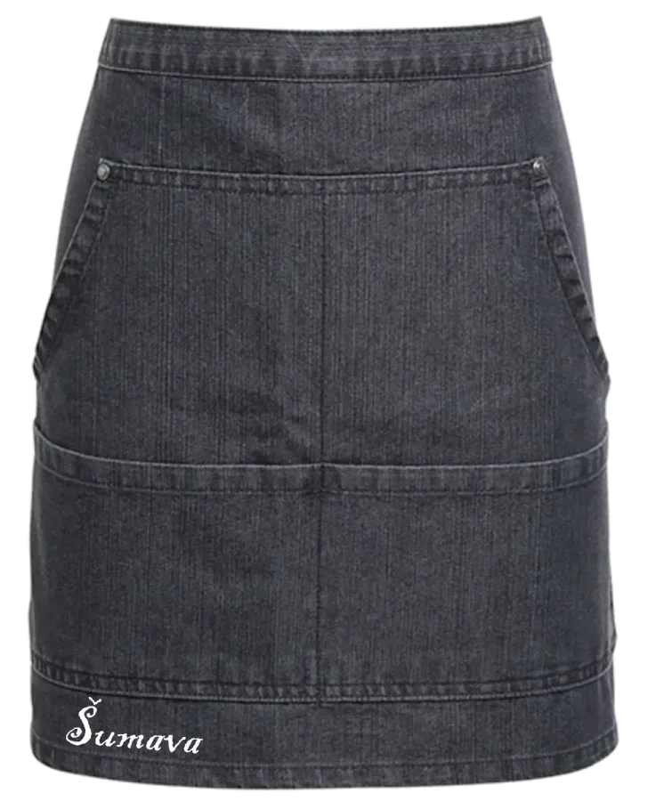 Zástěra denim džínová do pasu - černá - výšivka Šumava