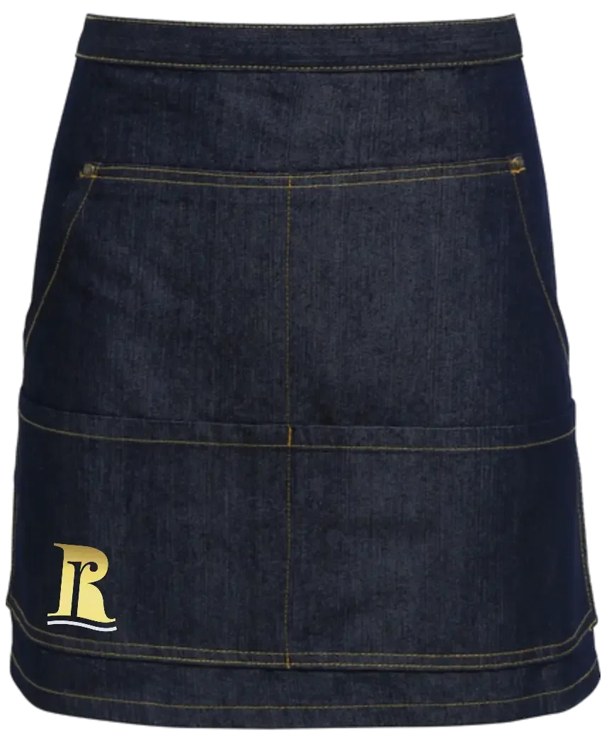 Zástěra denim džínová do pasu - indigo - výšivka Riverside